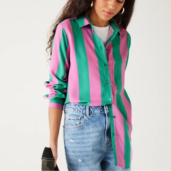 NWT Zara Satin Striped Boyfriend Shirt XS Pink Green - Picture 1 of 12